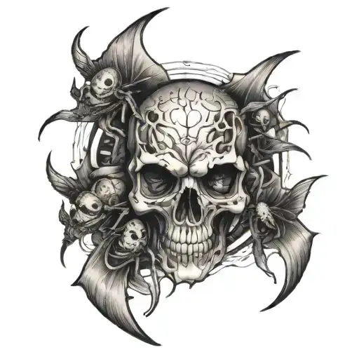 A school of fish forming a skull shape with a spider in the center tattoo design idea
