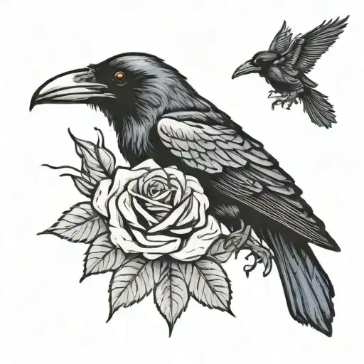 raven skull rose tattoo design idea
