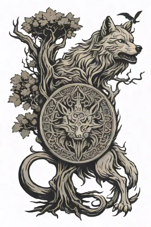 I want a tattoo which consists of this objects. I want Yggdrasill to be the main object. Around it, I want wolf and rave tattoo design idea