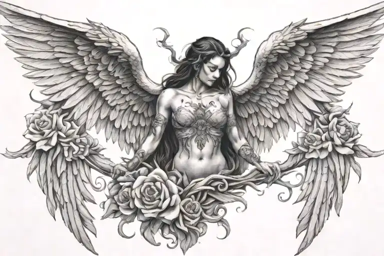 Back tattoo with wings but I wanna it looks like from hell and heaven  tattoo design idea