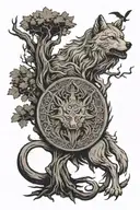 I want a tattoo which consists of this objects. I want Yggdrasill to be the main object. Around it, I want wolf and rave tattoo design idea
