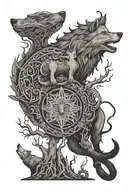 I want a tattoo which consists of this objects. I want Yggdrasill to be the main object. Around it, I want wolf and rave tattoo design idea