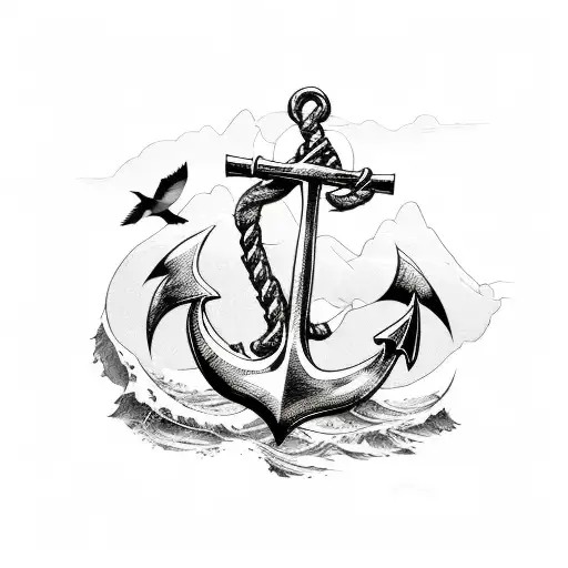 an anchor that sinks in the water with swallows in the background  tattoo design idea