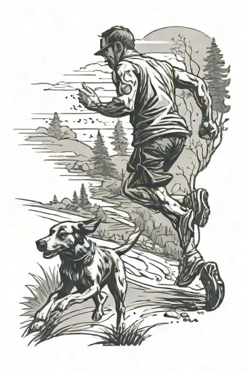 from behind a man running on a trail with a dog running on each side of him tattoo design idea