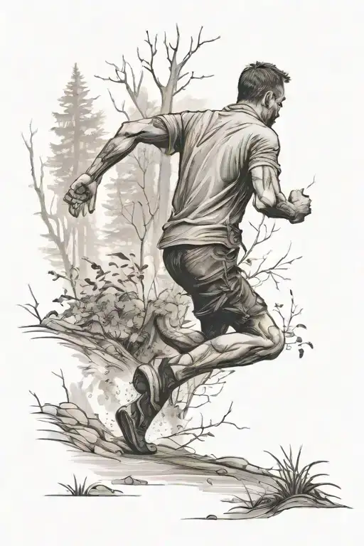from behind a man running on a trail in the woods tattoo design idea