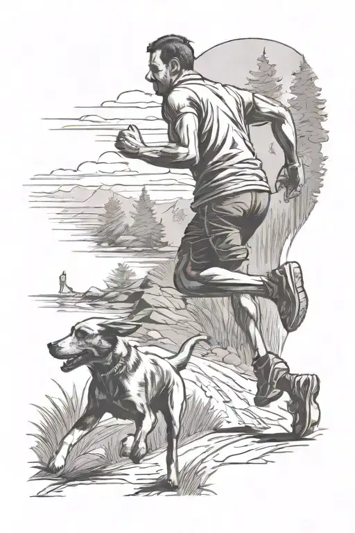 from behind a man running on a trail with a dog running on each side of him tattoo design idea