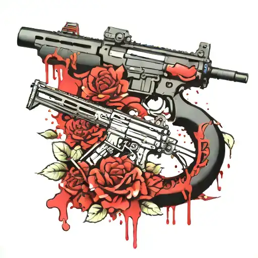 Two M416 rifles, each with a scythe covered in blood on the tip tattoo design idea