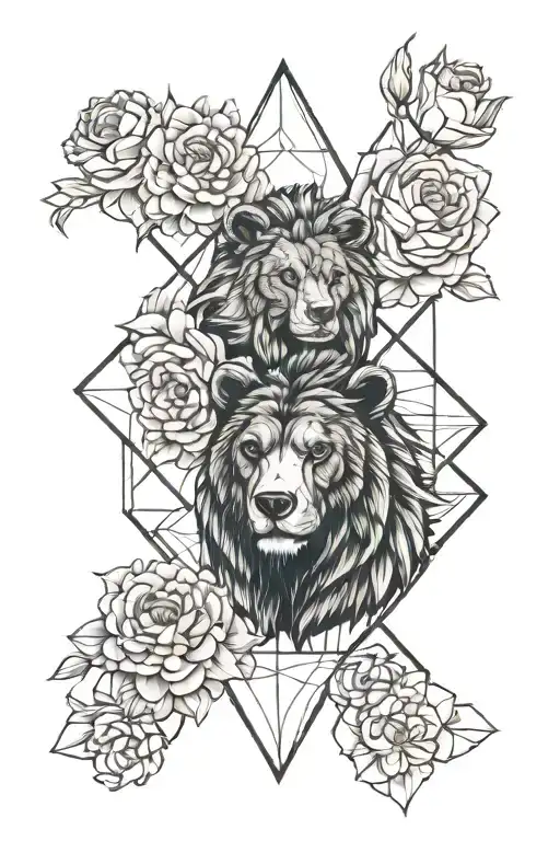 bear and lion, carnation flowers tattoo design idea