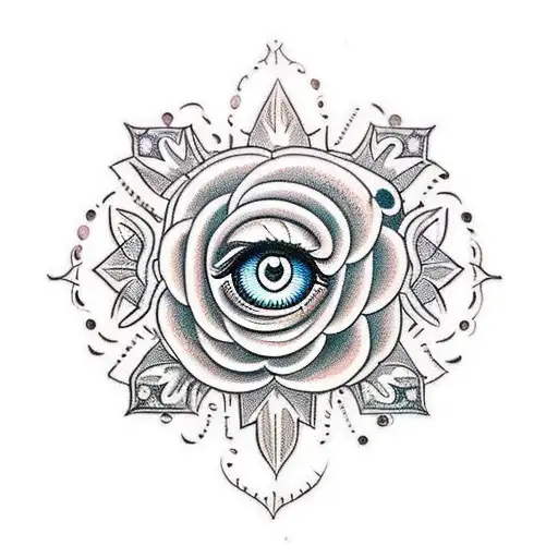 "Craft a traditional-style tattoo that highlights an occult eye gazing through the hilt of a dagger, with a vivid rose b tattoo design idea