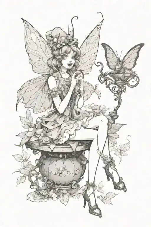 Fairy sitting with legs with a smoking pipe in her mouth tattoo design idea