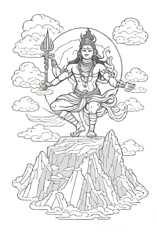 A sketch-style tattoo of Shiva dancing on a mountain peak surrounded by clouds tattoo design idea