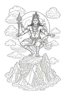 A sketch-style tattoo of Shiva dancing on a mountain peak surrounded by clouds tattoo design idea