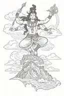 A sketch-style tattoo of Shiva dancing on a mountain peak surrounded by clouds tattoo design idea