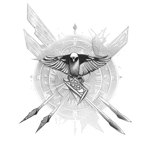 spear, crows, shattered, bridge, flames, gold coins tattoo design idea