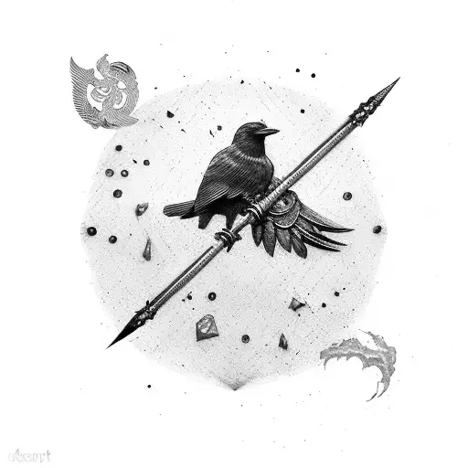 spear, gold coin, 2 headed crow, shattered glass, time tattoo design idea