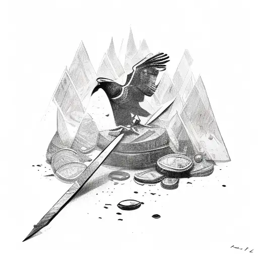 spear, crow, broken glass, time, weight, gold coin, family tattoo design idea