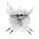 spear, crows, shattered, bridge, flames, gold coins tattoo design idea