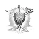 spear, crows, shattered, bridge, flames, gold coins tattoo design idea