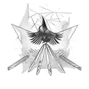 spear, crows, shattered, bridge, flames, gold coins tattoo design idea