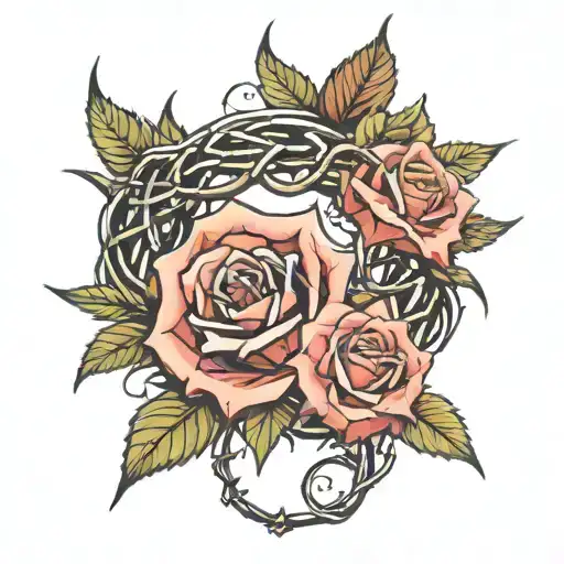 crown of thorns with 3 roses intertwined and Romans 8:28 For God works all things for the good of those who love him, according to St. tattoo design idea