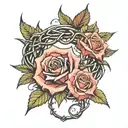 crown of thorns with 3 roses intertwined and Romans 8:28 For God works all things for the good of those who love him, according to St. tattoo design idea
