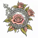 crown of thorns with 3 roses intertwined and Romans 8:28 For God works all things for the good of those who love him, according to St. tattoo design idea