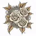 crown of thorns with 3 roses intertwined and Romans 8:28 For God works all things for the good of those who love him, according to St. tattoo design idea