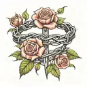 crown of thorns with 3 roses intertwined and Romans 8:28 For God works all things for the good of those who love him, according to St. tattoo design idea