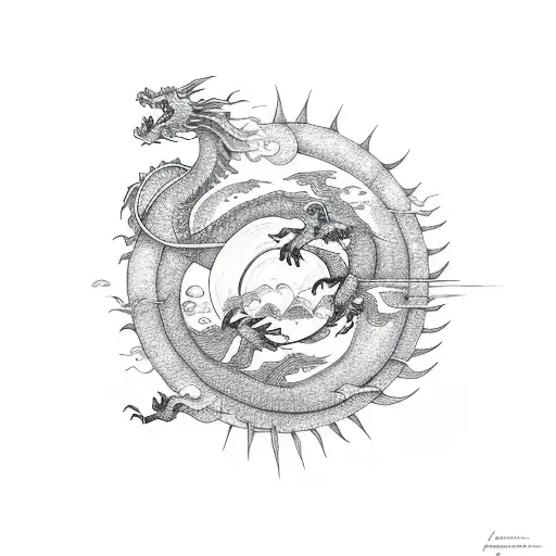 Dragon with the sun and moon tattoo design idea