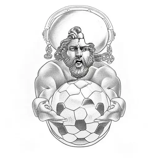 zeus holding a watch in his left hand, a soccer ball under his right foot and a lot of falling money behind it  tattoo design idea