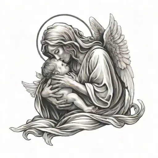 A poignant and emotional portrayal of God cradling a baby angel, honoring the memory of your miscarriage baby tattoo design idea