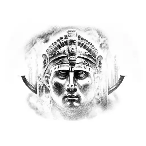 Realistic sketch, centurion of the Roman Empire, burning city in the background, no face visible, in full growth. tattoo design idea