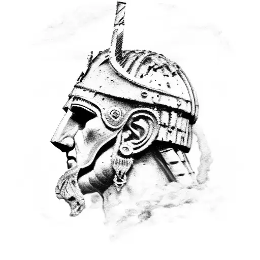 Realistic sketch, centurion of the Roman Empire, burning city in the background, no face visible. tattoo design idea