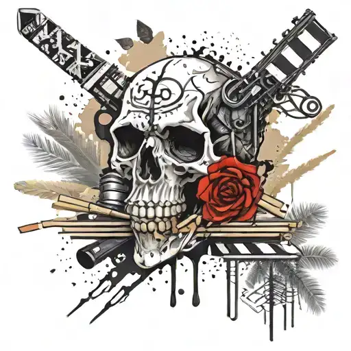 clapperboard with sand and forest demon skull tattoo design idea