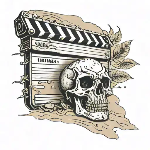 clapperboard with sand and forest demon skull tattoo design idea