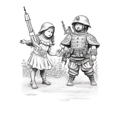 A tattoo design of children playing in a garden, with a soldier standing guard in the background, representing the protection and love for family tattoo design idea