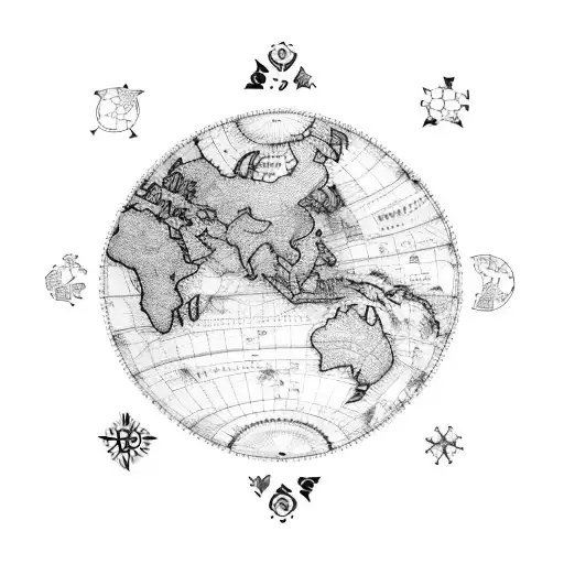 A tattoo design of a map with markers of all the places the client has traveled, intertwined with symbols of family members, symbolizing the bond between travel and loved ones tattoo design idea