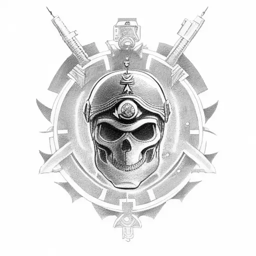 An intricate tattoo design of a soldier's helmet surrounded by symbols of family, representing the balance between duty and personal relationships tattoo design idea