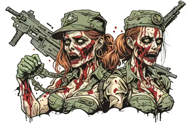militaire zombie girl all bloody tattoo design idea
