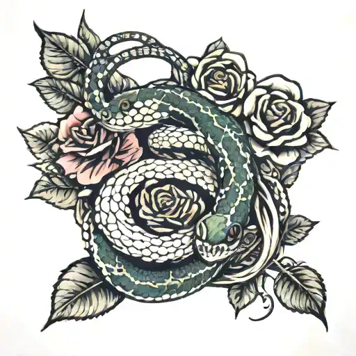 snake and roses tattoo design idea