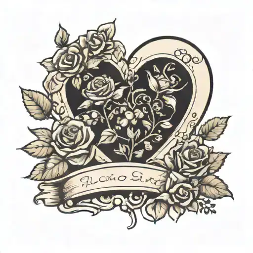 heart shaped grave stone with rose bush on one side and huckleberry bush on the other tattoo design idea