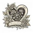 heart shaped grave stone with rose bush on one side and huckleberry bush on the other tattoo design idea