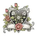 heart shaped grave stone with rose bush on one side and huckleberry bush on the other tattoo design idea