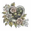 heart shaped grave stone with rose bush on one side and huckleberry bush on the other tattoo design idea