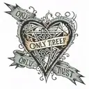 Diamond heart shattered with trip wire surrounding it and the text "only trust youself"  in it and also mirrored upside  tattoo design idea