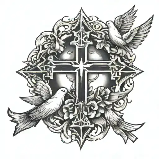 three crosses next too eachother with the center one in the front, and two doves flying above them towards eachother tattoo design idea