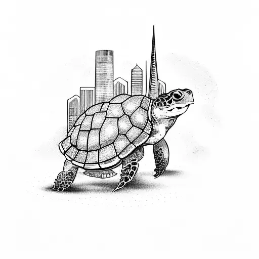 A turtle playing a musical instrument in front of a San Francisco skyline tattoo design idea
