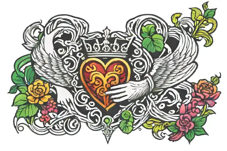 claddagh and shamrock surrounded by colorful tattoo design idea