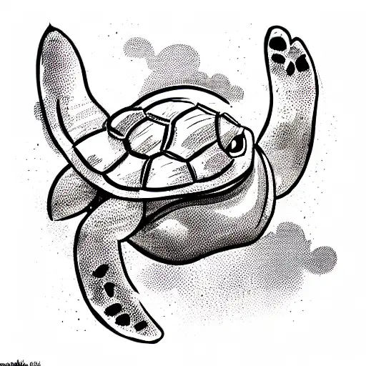 a grumpy old turtle with a bird flying above his head  tattoo design idea