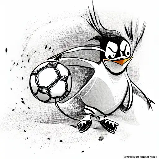 well detailed cartoon penguin kicking a soccer ball tattoo design idea
